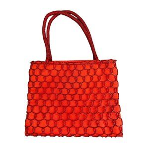 Red Bijoux Terner Evening Handbag With Beaded Pattern & Rope Handles